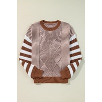 Brown Stripe Geometric Textured Drop Shoulder Sweater - 2XL thumbnail