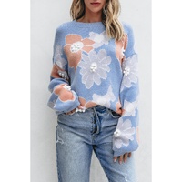 Beau Blue Floral O Neck Drop Shoulder Knitted Sweater - M thumbnail