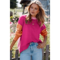 Bonbon Three Tone Contrast Round Neck Loose Sweater - L thumbnail