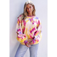 Khaki Abstract Print Colorblock Balloon Sleeve Sweater - L thumbnail