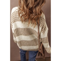 Brown Stripe Drop Shoulder Round Neck Loose Sweater - L thumbnail