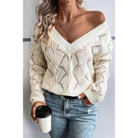 Beige Hollow Out Knit V Neck Drop Shoulder Sweater - S thumbnail