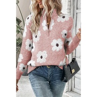 Pink Floral Pattern Half Zip Drop Shoulder Sweater - L thumbnail