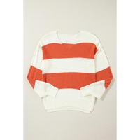 Orange Stripe Loose Color Block Drop Shoulder Bubble Sleeve Sweater - L thumbnail