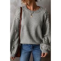 Light Grey Pearled Drop Shoulder Round Neck Sweater - L thumbnail
