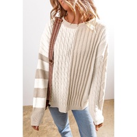 Khaki Cable Knit Colorblock Crew Neck Drop Shoulder Sweater - L thumbnail