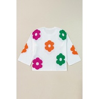 White Floral Print Buttoned Loose Lightweight Sweater - L thumbnail