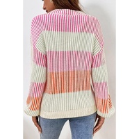 Pink Colorblock Textured Knit Bubble Sleeve Sweater - L thumbnail