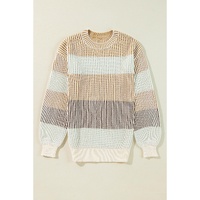 Brown Colorblock Textured Knit Bubble Sleeve Sweater - L thumbnail