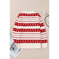 White Western Geometric Patterned Crew Neck Loose Sweater - L thumbnail