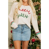 Beige Tinsel Holly Jolly Graphic Classic Sweater - M thumbnail