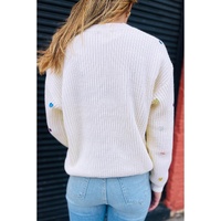 Beige Sequin Heart Shape Waffle Knit Round Neck Sweater - L thumbnail