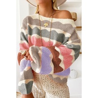 Gray Wave Striped Balloon Sleeve Drop Shoulder Sweater - L thumbnail