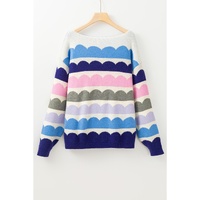 Dark Blue Wave Striped Balloon Sleeve Drop Shoulder Sweater - XL thumbnail