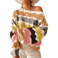 Yellow Wave Striped Balloon Sleeve Drop Shoulder Sweater - M thumbnail