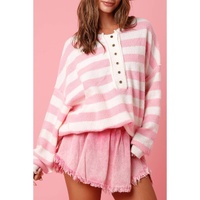 Pink Stripe Half Buttons Drop Shoulder Sweater - L thumbnail