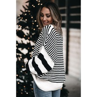 Black white Striped Drop Shoulder Bishop Sleeve Knit Sweater - XL thumbnail