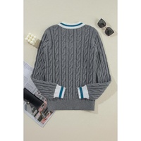 Medium Grey Color Contrast Ribbed Edge Cable Knit V Neck Sweater - 2XL thumbnail