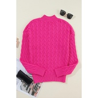 Rose Red Solid Cable Knit High Neck Drop Shoulder Sweater - S thumbnail