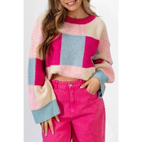 Rose Red Color Block Drop Shoulder Crewneck Loose Fit Sweater - XL thumbnail