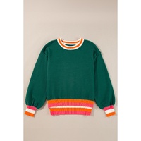 Blackish Green Colorblock Striped Trim Drop Shoulder Sweater - XL thumbnail