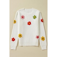 White Colorful Flower Applique Textured Knit Sweater - M thumbnail