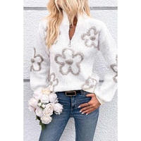 White Contrast Flower Half Zipper Stand Neck Sweater - XL thumbnail
