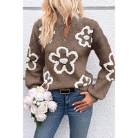 Parchment Contrast Flower Half Zipper Stand Neck Sweater - L thumbnail