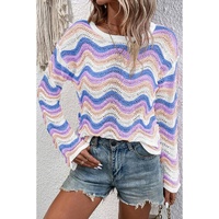 Purple Stripe Wavy Pointelle Knit Drop Shoulder Sweater - M thumbnail