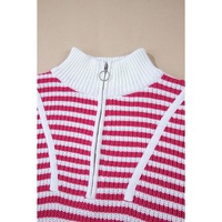 Pink Stripe Zip up Collar Drop Shoulder Sweater - L thumbnail
