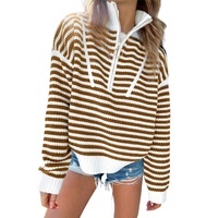 Khaki Stripe Zip up Collar Drop Shoulder Sweater - L thumbnail