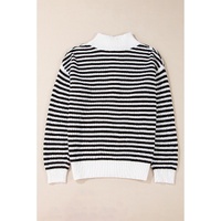 Black Stripe Zip up Collar Drop Shoulder Sweater - S thumbnail