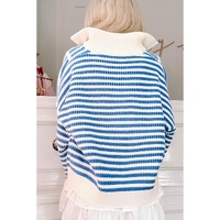 Sky Blue Stripe Zip up Collar Drop Shoulder Sweater - M thumbnail