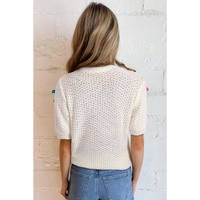 White Colorful Bow Knit Mock Neck Short Sleeve Sweater - M thumbnail