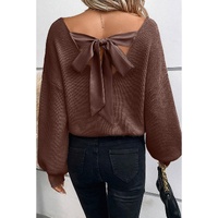 Coffee Lantern Sleeve V Neck Knot Back Sweater - L thumbnail