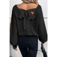 Black Lantern Sleeve V Neck Knot Back Sweater - L thumbnail