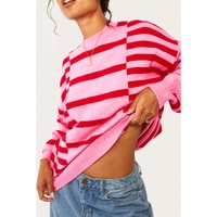 Pink Stripe Bubble Sleeve Drop Shoulder Ribbed Trim Sweater - L thumbnail