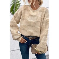 Parchment Checkered Sherpa Crew Neck Loose Sweater - L thumbnail