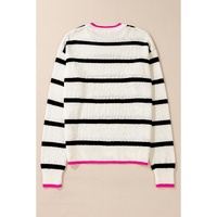 White Stripe Color Contrast Drop Shoulder Crew Neck Sweater - S thumbnail