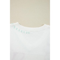 White Big Flower Pattern V Neck Drop Shoulder Sweater - L thumbnail