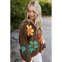 Coffee Big Flower Pattern V Neck Drop Shoulder Sweater - L thumbnail