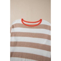 Apricot Colorblock Striped Round Neck Drop Shoulder Sweater - L thumbnail