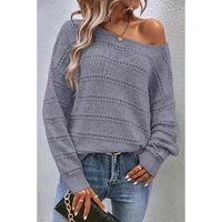 Light Grey Boat Neck Drop Shoulder Pointelle Knit Sweater - L thumbnail