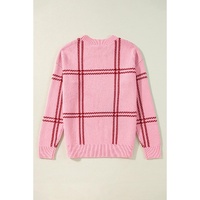 Pink Plaid Pattern Knitted Drop Shoulder Sweater - XL thumbnail