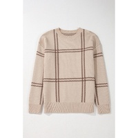 Khaki Plaid Pattern Knitted Drop Shoulder Sweater - L thumbnail