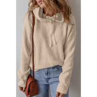 Beige Solid Color Drawstring Hooded Drop Shoulder Pullover Sweater - M thumbnail