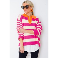 Rose Stripe Color Block Collared V Neck Drop Shoulder Sweater - L thumbnail