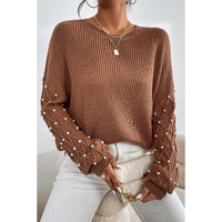 Chestnut Beaded Drop Shoulder Round Neck Sweater - L thumbnail