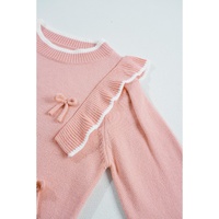 Light Pink Ruffled Bowknot Ribbed Trim Long Sleeve Sweater - L thumbnail