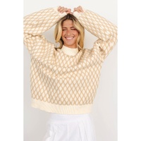 Oatmeal Diamond Knit Drop Shoulder Loose Sweater - L thumbnail